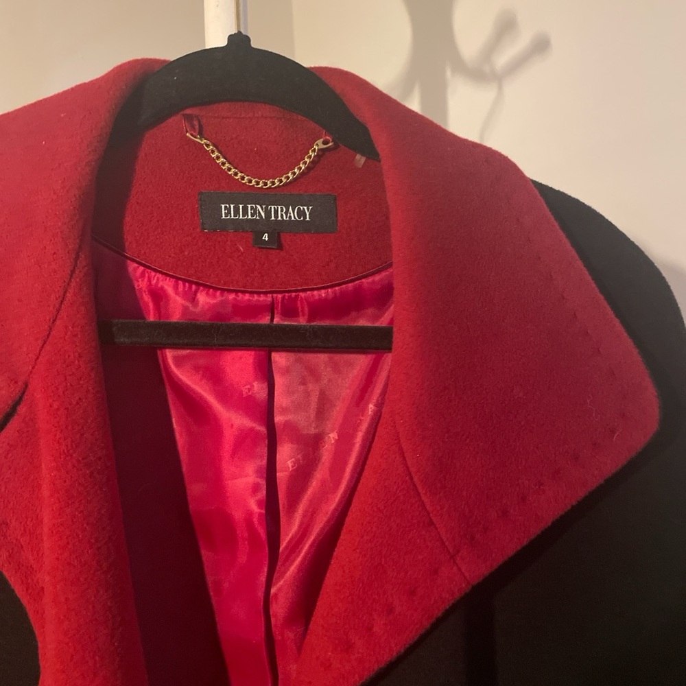 Ellen Tracy Women's Black Trench Coat with Red Collar
